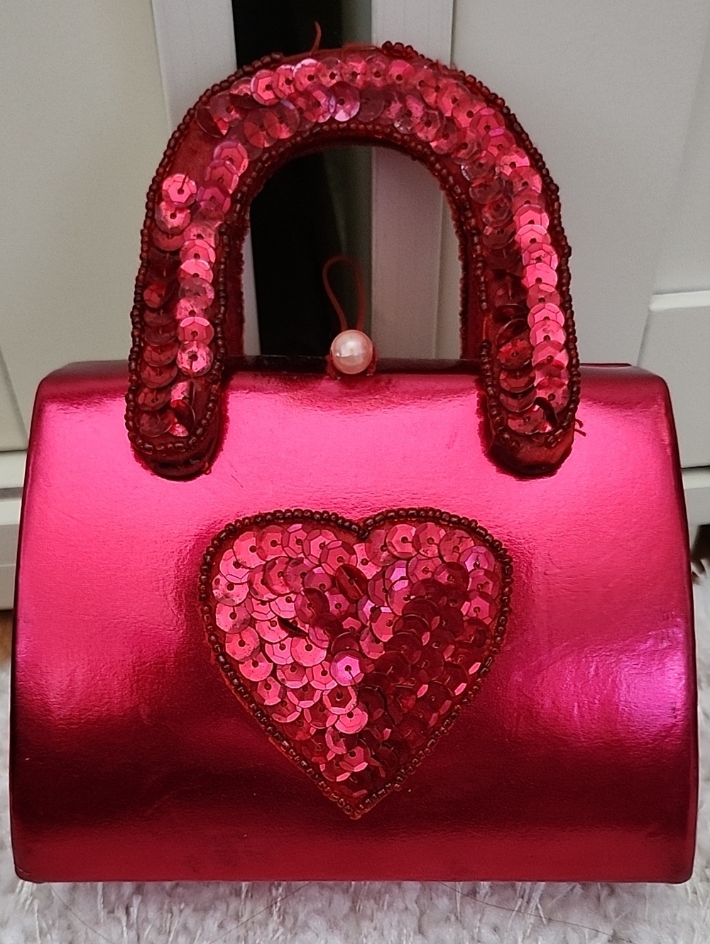 Sequin Heart Metallic Pink Top-Handle Bag